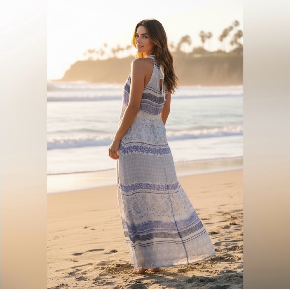 Scandal Italy, Italian Silk Blue and White Halter Neck Maxi Dress Small